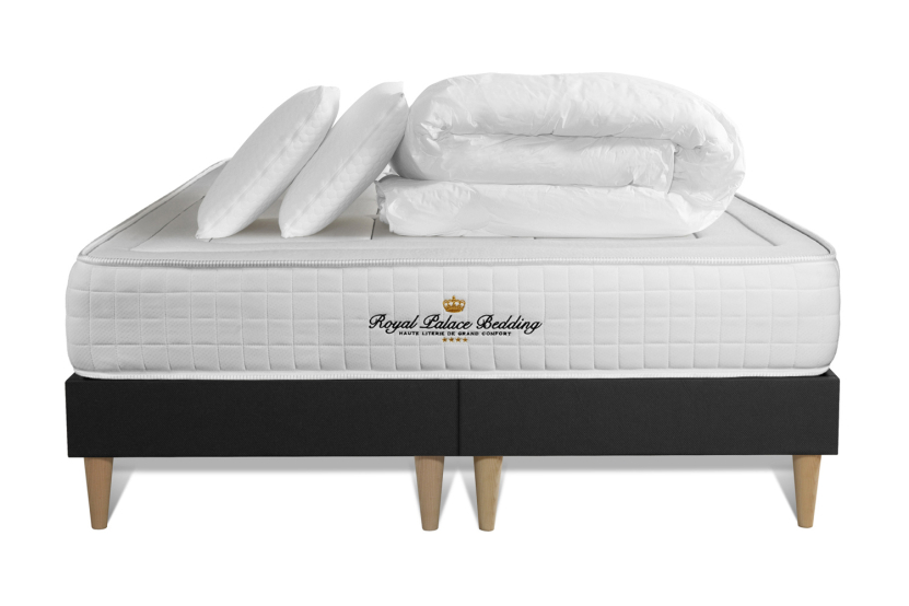 Pack lit complet 180x200 cm - Matelas + Sommier Noir + 2 oreillers + Couette - Balmoral