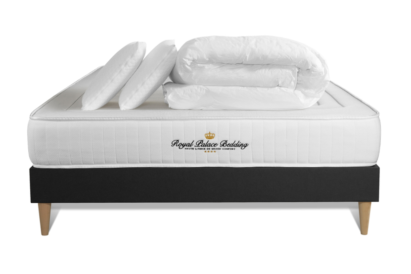 Pack lit complet 160x200 cm - Matelas + Sommier Noir (en kit) + 2 oreillers + Couette - Lancaster