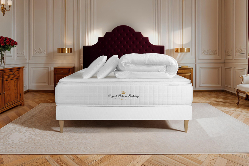Pack lit complet 180x200 cm - Matelas + Sommier Blanc (en kit) + 2 oreillers + Couette - George V