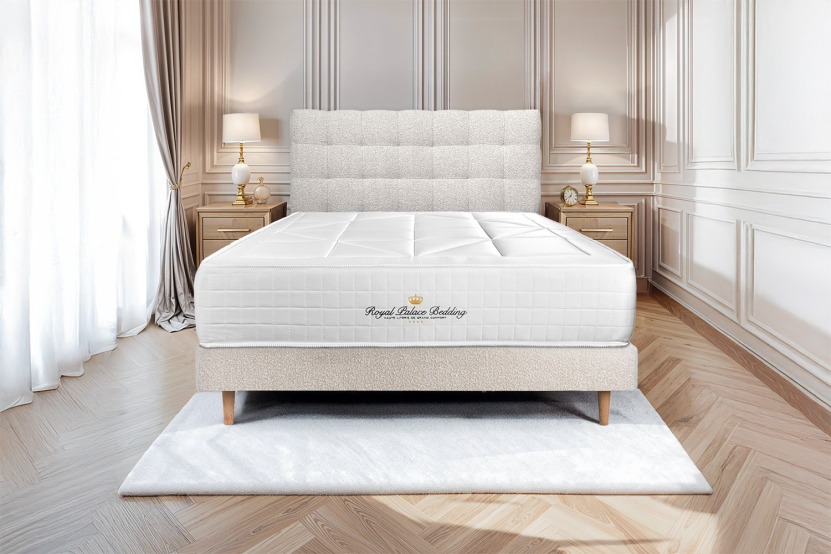 Lit 140x200 avec Sommier et Matelas - Sommier Beige Clair + Tête de lit Capitonnée - Windsor