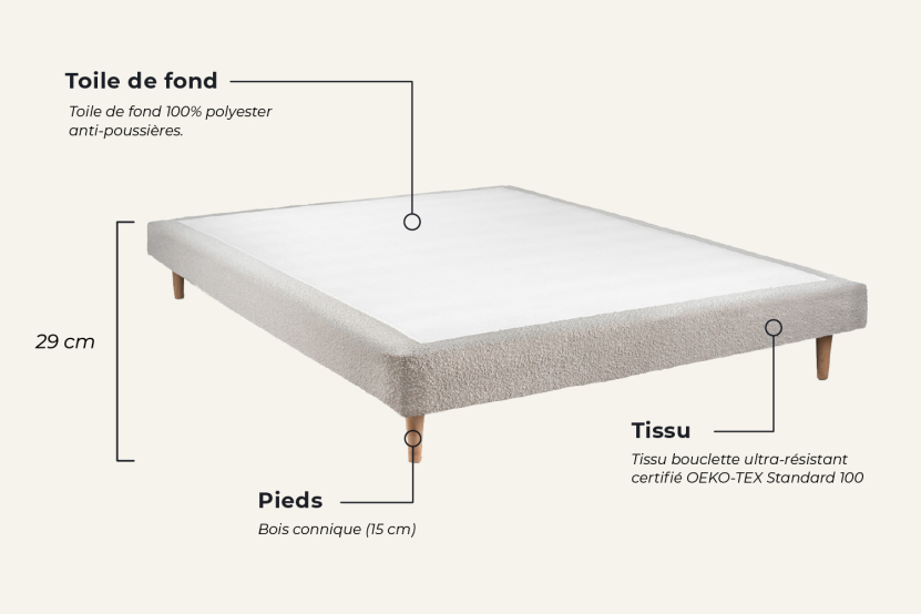 Lit 140x190 avec Sommier et Matelas - Sommier Beige Clair + Tête de lit Capitonnée - Windsor