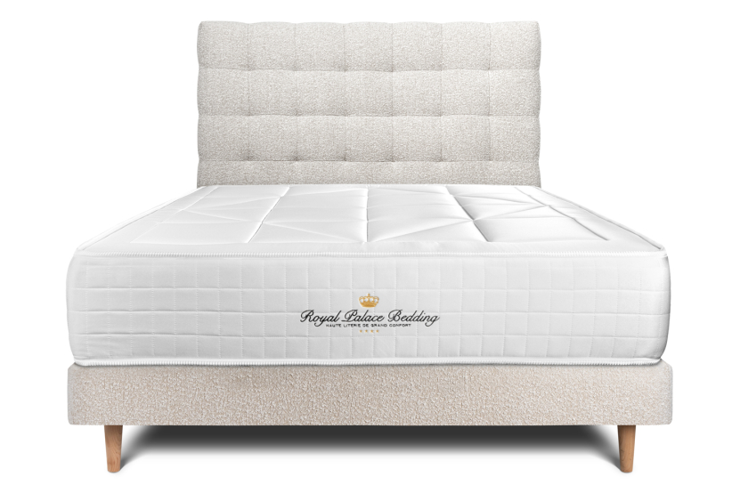 Lit 140x200 avec Sommier et Matelas - Sommier Beige Clair + Tête de lit Capitonnée - Windsor