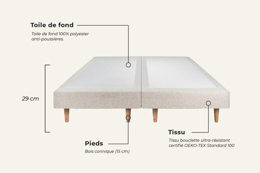 Lit 180x200 avec Sommier et Matelas - 2 Sommiers Beige Clair + Tête de lit Capitonnée - Windsor