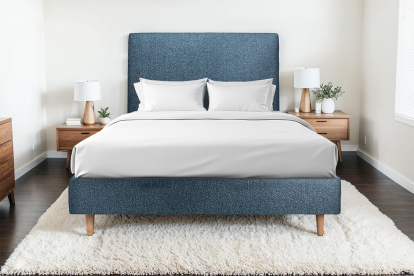 Lit 160x200 cm - Sommier tapissier H35 cm + tête de lit tapissée - Tissu Bouclette Bleu