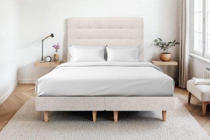 Lit 2x 80x200 cm - Sommier tapissier H29 cm + tête de lit capitonnée - Tissu Toile natté Beige Clair