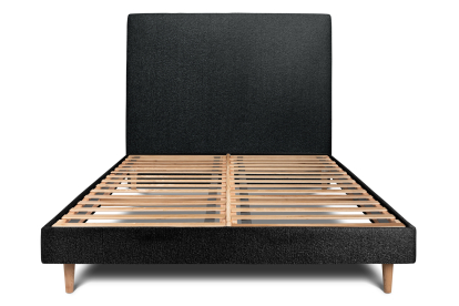 Lit 140x190 cm - Sommier à lattes H29 cm + tête de lit tapissée - Tissu Bouclette Noir