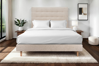Lit 140x200 cm - Sommier tapissier H29 cm + tête de lit capitonnée - Tissu Toile natté Beige Brun
