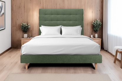 Lit 200x200 cm - Sommier à lattes H29 cm + tête de lit capitonnée - Tissu Toile natté Vert Kaki