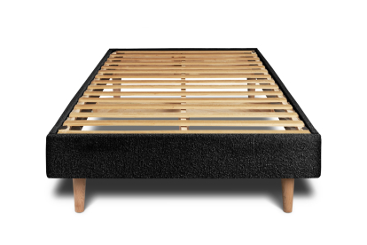 Lit 90x190 cm - Sommier à lattes H29 cm + tête de lit tapissée - Tissu Bouclette Noir