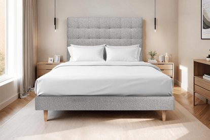 Lit 160x200 cm - Sommier tapissier H29 cm + tête de lit capitonnée - Tissu Bouclette Gris