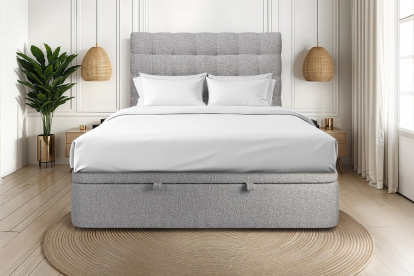 Lit coffre 200x200 cm avec Tête de lit capitonnée - Tissu Bouclette Gris