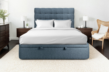 Lit coffre 140x200 cm avec Tête de lit capitonnée - Tissu Bouclette Bleu