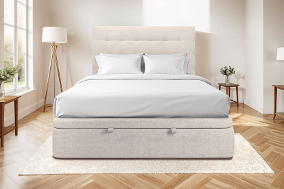 Lit coffre 180x200 cm avec Tête de lit capitonnée - Tissu Toile natté Beige Clair