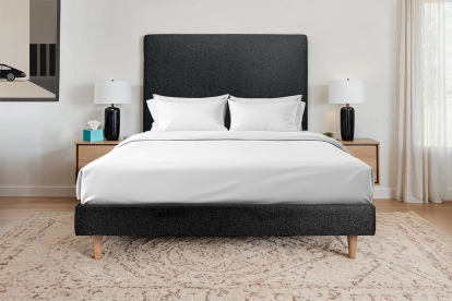 Lit 140x200 cm - Sommier tapissier H29 cm + tête de lit tapissée - Tissu Bouclette Noir