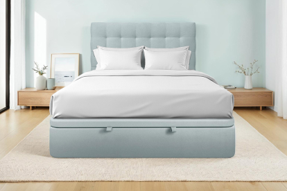 Lit coffre 140x190 cm avec Tête de lit capitonnée - Tissu Velours Gris Bleuté