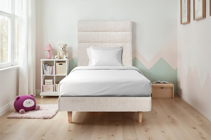 Lit 90x200 cm - Sommier tapissier H29 cm + tête de lit à lignes - Tissu Bouclette Beige Clair