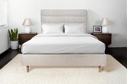 Lit 160x200 cm - Sommier tapissier H35 cm + tête de lit à lignes - Tissu Bouclette Beige Clair