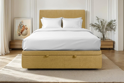 Lit coffre 200x200 cm avec Tête de lit tapissée - Tissu Toile natté Jaune