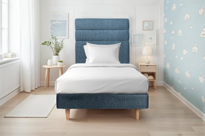 Lit 90x190 cm - Sommier tapissier H29 cm + tête de lit à lignes - Tissu Bouclette Bleu