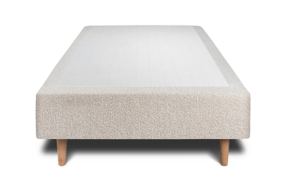 Lit 90x190 cm - Sommier tapissier H35 cm + tête de lit à lignes - Tissu Bouclette Beige Clair