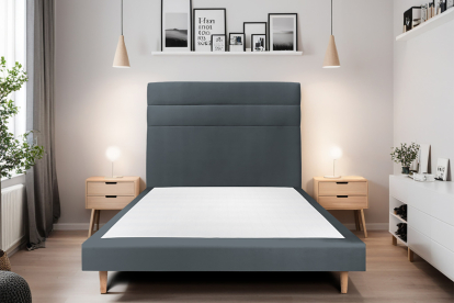 Lit 140x190 cm - Sommier tapissier H29 cm + tête de lit à lignes - Tissu Velours Gris Anthracite