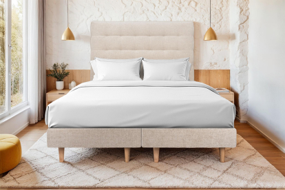 Lit 2x 80x200 cm - Sommier tapissier H29 cm + tête de lit capitonnée - Tissu Toile natté Beige Brun