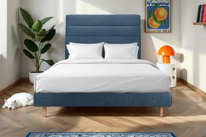 Lit 200x200 cm - Sommier à lattes H29 cm + tête de lit à lignes - Tissu Toile natté Bleu Océan