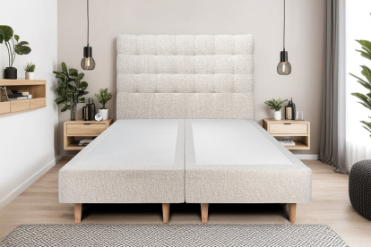 Lit 2x 100x200 cm - Sommier tapissier H35 cm + tête de lit capitonnée - Tissu Bouclette Beige Clair