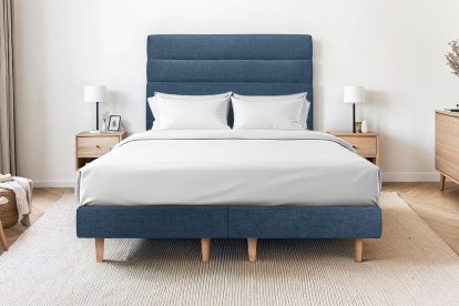 Lit 2x 100x200 cm - Sommier tapissier H29 cm + tête de lit à lignes - Tissu Toile natté Bleu Océan