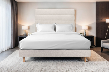 Lit 140x190 cm - Sommier tapissier H29 cm + tête de lit à lignes - Tissu Toile natté Beige Clair