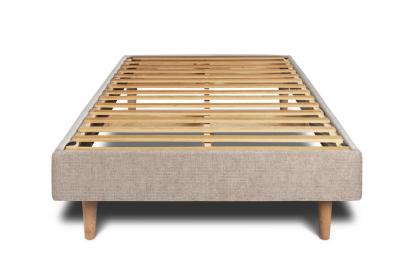 Lit 90x200 cm - Sommier à lattes H29 cm + tête de lit à lignes - Tissu Toile natté Beige Brun