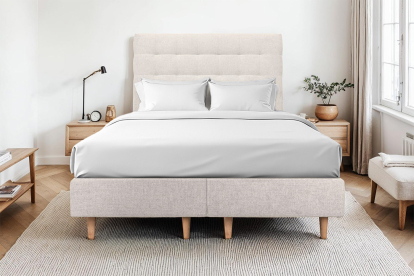 Lit 2x 90x200 cm - Sommier tapissier H35 cm + tête de lit capitonnée - Tissu Toile natté Beige Clair