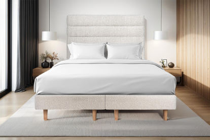 Lit 2x 80x200 cm - Sommier tapissier H29 cm + tête de lit à lignes - Tissu Bouclette Beige Clair