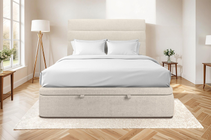 Lit coffre 160x200 cm avec Tête de lit à lignes - Tissu Toile natté Beige Clair