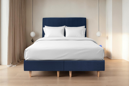 Lit 2x 90x200 cm - Sommier tapissier H35 cm + tête de lit tapissée - Tissu Velours Bleu Océan