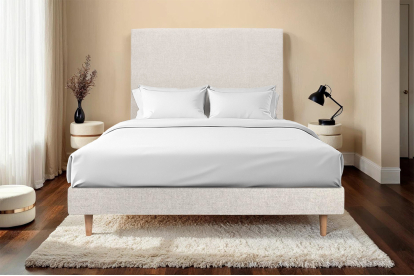 Lit 140x200 cm - Sommier à lattes H29 cm + tête de lit tapissée - Tissu Toile natté Beige Clair
