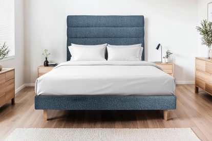 Lit 140x190 cm - Sommier tapissier H29 cm + tête de lit à lignes - Tissu Bouclette Bleu