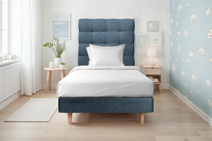 Lit 90x190 cm - Sommier tapissier H29 cm + tête de lit capitonnée - Tissu Bouclette Bleu
