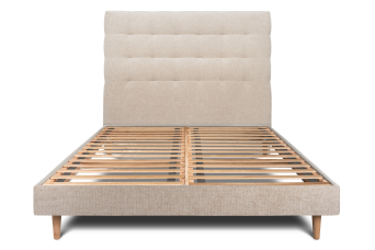 Lit 140x200 cm - Sommier à lattes H29 cm + tête de lit capitonnée - Tissu Toile natté Beige Brun