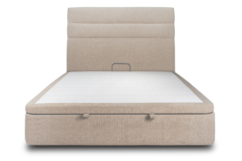 Lit coffre 200x200 cm avec Tête de lit à lignes - Tissu Toile natté Beige Brun