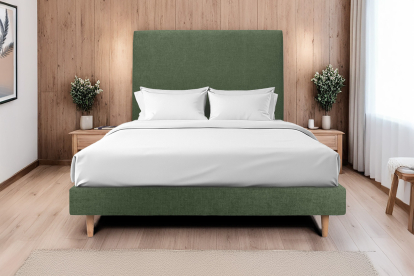 Lit 160x200 cm - Sommier tapissier H29 cm + tête de lit tapissée - Tissu Toile natté Vert Kaki