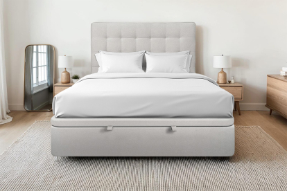 Lit coffre 200x200 cm avec Tête de lit capitonnée - Tissu Velours Gris Clair
