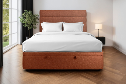 Lit coffre 160x200 cm avec Tête de lit à lignes - Tissu Bouclette Terracotta