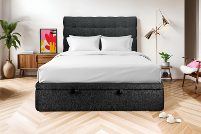 Lit coffre 140x200 cm avec Tête de lit capitonnée - Tissu Bouclette Noir