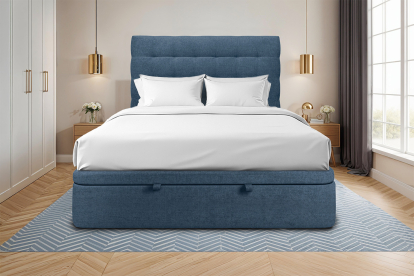 Lit coffre 180x200 cm avec Tête de lit capitonnée - Tissu Toile natté Bleu Océan