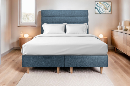 Lit 2x 90x200 cm - Sommier tapissier H35 cm + tête de lit à lignes - Tissu Bouclette Bleu
