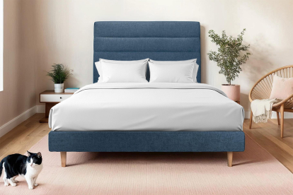 Lit 140x200 cm - Sommier tapissier H29 cm + tête de lit à lignes - Tissu Toile natté Bleu Océan