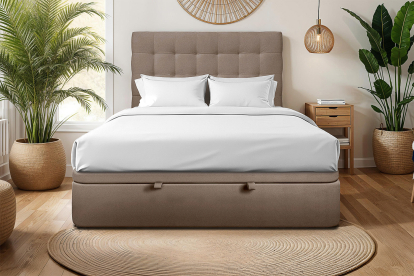 Lit coffre 180x200 cm avec Tête de lit capitonnée - Tissu Velours Taupe
