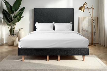 Lit 2x 100x200 cm - Sommier tapissier H29 cm + tête de lit tapissée - Tissu Bouclette Noir