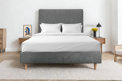 Lit 140x190 cm - Sommier tapissier H35 cm + tête de lit tapissée - Tissu Toile natté Gris Anthracite